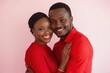 © shelbys - African American Couple Hugging and Smiling in Red Color Outfit for Happy Valentine's Day Photo.Fictional Character Created By Generative AI
