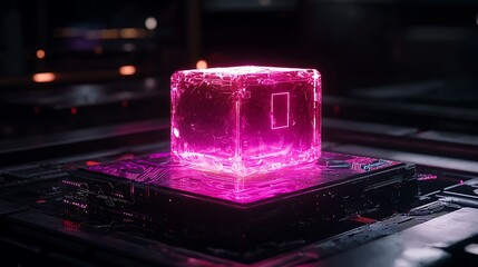 Poster - Pink Crystalline Cube Resting on Futuristic Circuitry