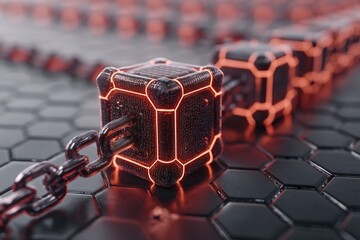 Poster - Glowing Cubic Blockchain Blocks Connected by a Metal Chain