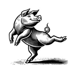 Wall Mural - dance pig engraving black and white outline