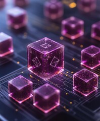 Poster - Glowing Purple Cubes on a Circuit Board Representing Blockchain Technology