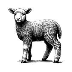 Wall Mural - little lamb engraving black and white outline