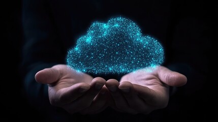 Poster - Hands Gently Holding a Glowing Digital Cloud of Data