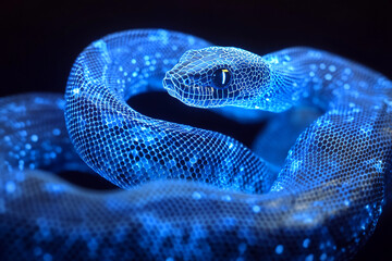futuristic blue glowing snake with luminous scales on dark background
