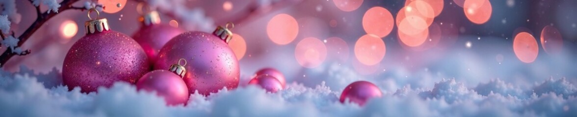 Wall Mural - Bokeh lights illuminate pink baubles resting in a bed of snow, frosty, pink, light
