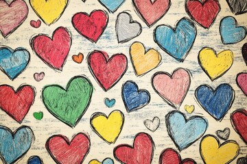 Wall Mural - Valentine's Day Seamless Pattern with Sketching Colorful Hearts.