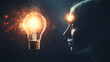© alexandr - a woman’s profile with a glowing light bulb floating in front symbolizing inspiration and creativity on a dark background