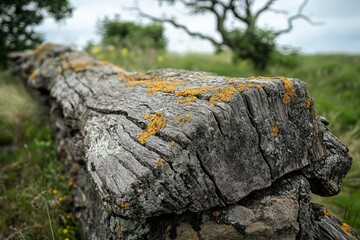 Poster - Weathered wooden log with lichen sits in a lush green meadow under a cloudy sky