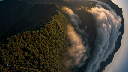 Poster - aerial view of lush green forest with rolling clouds at sunrise, atmospheric nature landscape concept