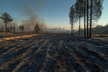 Canvas Print - Charred landscape, distant city, wildfire smoke.