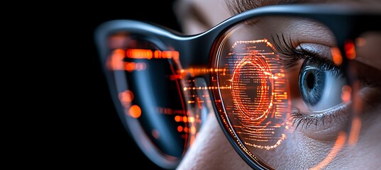 Poster - Futuristic eyeglasses displaying digital data reflected in a woman's eye.