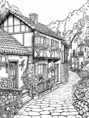 Coloring page: cobbled street of the old town, houses with tiled roofs, flowers around houses and on balconies