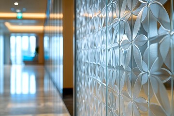 Poster - Elegant flower-patterned glass wall enhances modern corridor design in contemporary building