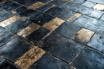 Aufkleber - Luxurious black and gold patterned tiles adorn a modern interior floor