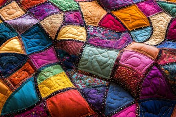 Poster - Colorful quilt showcasing intricate patchwork design with various textiles and stitching techniques