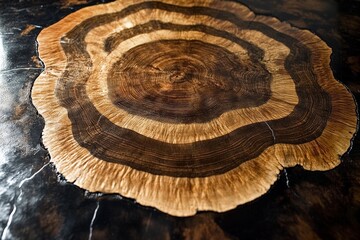 Poster - Beautiful cross-section of a wooden tree stump with intricate patterns showcasing natural textures and colors