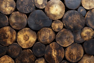 Poster - Wooden logs stacked neatly in a rustic pattern showcasing natural textures and colors in varying shades
