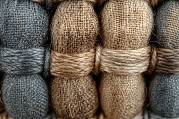 Poster - Natural fibers stacked in neat rows showcasing various shades of gray and brown, emphasizing texture and craftsmanship
