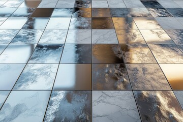 Aufkleber - Reflection of polished tiles showing various textures and colors in a modern interior setting