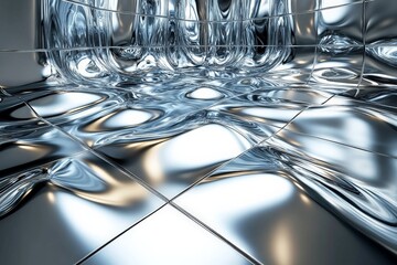 Poster - Reflective metallic surface with fluid patterns creating a dynamic visual effect in a bright environment
