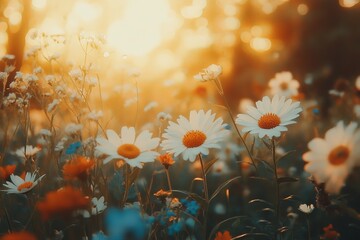 Fototapete - Colorful wildflowers bloom under a golden sunset in a serene meadow full of life and beauty