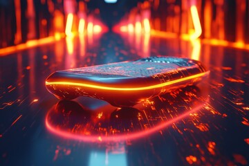 Poster - Sleek mobile device illuminated by vibrant neon lights in a futuristic corridor at night