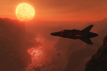 Aufkleber - Spaceship flying near a glowing sun above a rocky canyon landscape at sunset