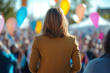 A female politician attending a political rally. Shes standing on stage with supporters cheering in the background