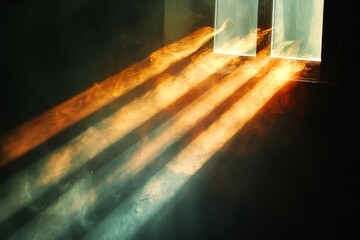 Poster - Light beams streaming through a window highlighting colorful smoke patterns in a dim room