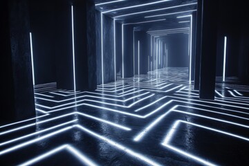 Poster - Modern illuminated corridor with geometric light patterns in a dark setting