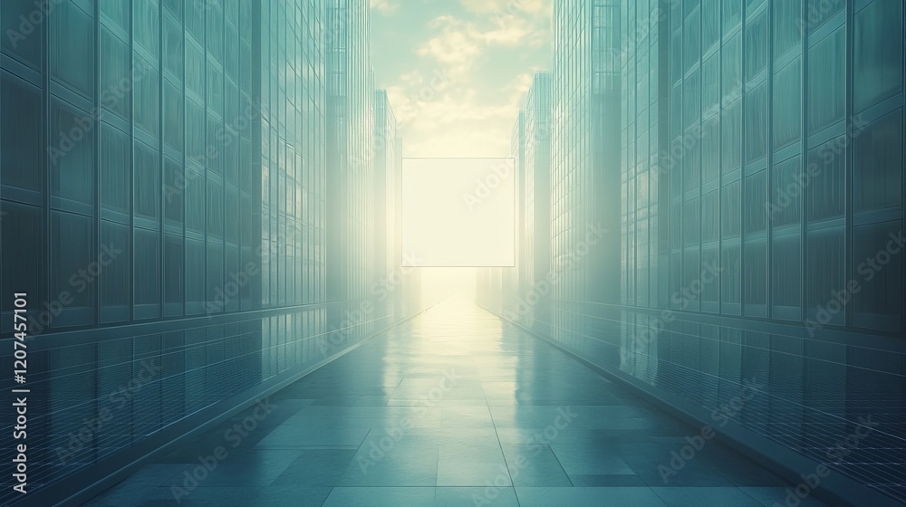 Majestic Hallway Opening to a Vast Sky with Fluffy Clouds Creating an Ethereal and Dreamy Atmosphere