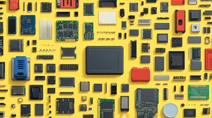 Poster - A colorful flat-lay of IT components like RAM, SSDs, and processors.