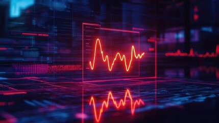 Poster - A glowing hologram of a heartbeat chart and a business graph overlay.