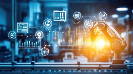 Poster - A high-tech manufacturing floor with digital monitors displaying real-time production metrics.