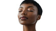 © CStock - A serene portrait of a young woman with closed eyes, showcasing a peaceful expression and natural beauty against a white isolated background.