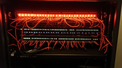 Poster - A network switch with neatly connected cables glowing in a dark server room.