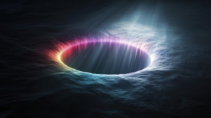 Wall Mural - Mysterious Circular Hole with Colorful Light Rays in Dark Environment