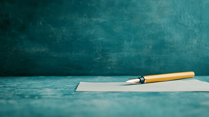 Poster - A minimalist scene featuring a yellow pen resting on a blank sheet of paper against a textured teal background