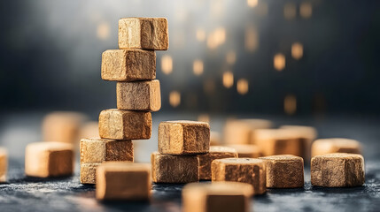 Fototapete - A stack of wooden cubes is illuminated by soft light, surrounded by scattered cubes, creating a warm, artistic atmosphere