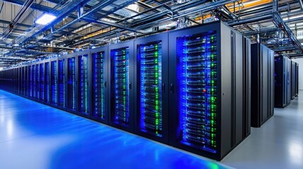 Poster - A sleek, ultra-modern data center with glowing blue and green lights.