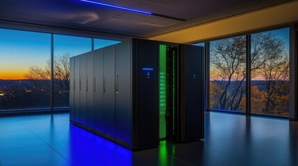 Poster - A sleek, ultra-modern data center with glowing blue and green lights.