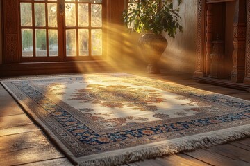 Wall Mural - Ornate rug, sunlit room, wooden floor.