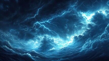 Wall Mural - Dramatic Stormy Clouds with Lightning Over Turbulent Ocean Waves