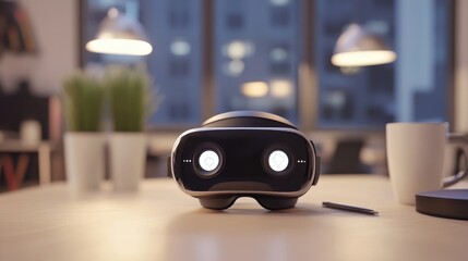 Poster - A virtual reality headset placed on a desk with futuristic lighting.