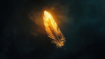 Wall Mural - Golden Feather Illuminated Against Dark Background in Ethereal Light