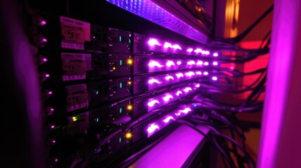 Poster - Rows of glowing LEDs on servers in a high-tech data center.