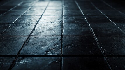 Wall Mural - Textured Dark Floor with Grouted Tiles in Soft Ambient Light