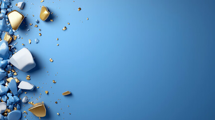 Poster - A blue background with gold and silver rocks scattered around it. The rocks are of different sizes and shapes