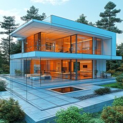 Wall Mural - Modern glass house, woodland setting, pool.