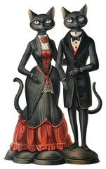 Canvas Print - PNG Gothic Bride and Groom cats illustration vintage.